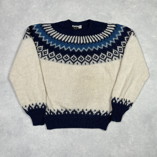 Vintage Sweater White Blue 100% Alpaca Made in Peru